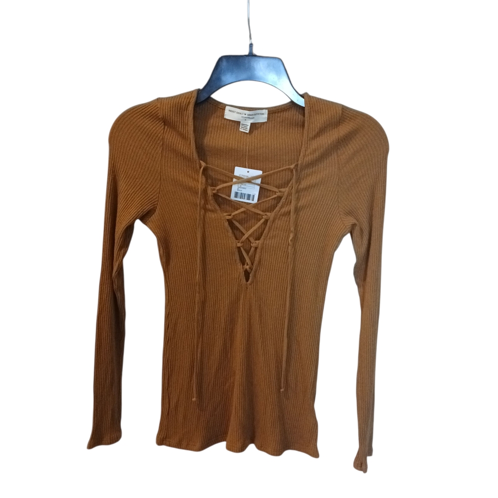 NWT Urban Outfitters Ribbed Mustard Brown V-Neck Lace Top Stretchy Soft Medium